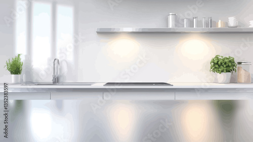 The image shows a minimalist white kitchen interior. The scene is dominated by white surfaces, including the countertops, cabinets, and walls.  A stainless steel shelf is mounted on the wall,