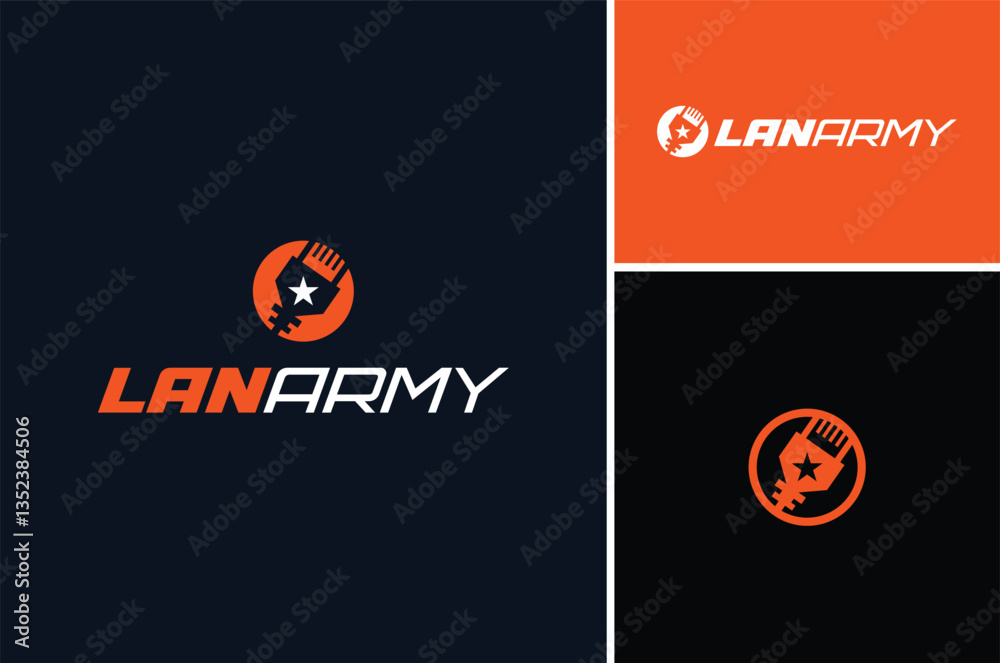 Fototapeta premium Circular symbol of LAN Ethernet Port with Star for Network Strategy War Game Online Community Team Logo Design
