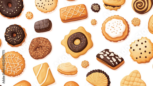 A digital illustration depicting a seamless pattern of various cookies and biscuits. The image features a white background with a diverse array of cookies in different shapes, sizes, and colors,