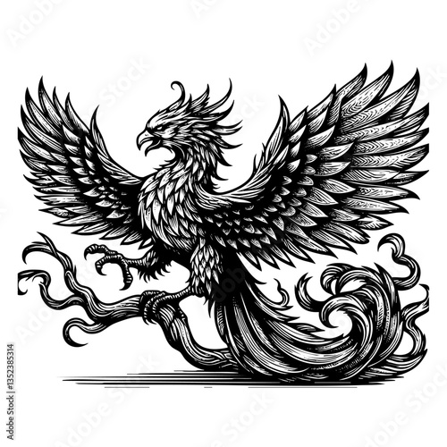 Phoenix sketch engraving black and white outline. Scratch board imitation.
