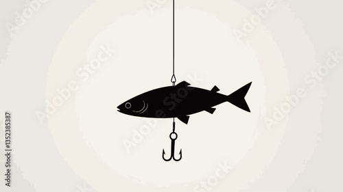 A minimalist vector illustration depicting a black silhouette of a fish attached to a fishing hook against a light gray background. The image is simple, with high contrast between the black fish