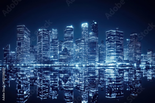 Illuminated City Skyline Reflected in Calm Waters at Night