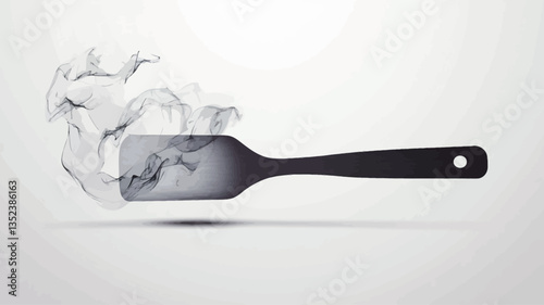 The image shows a black, flat spatula with a slightly curved handle.  A translucent, grey, smoky or steam-like substance is depicted rising from the flat surface of the spatula against a plain