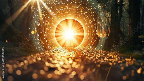 Magischer Sonnenpfad durch Waldlichtung