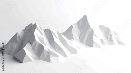 The image depicts a stylized, abstract representation of a mountain range.  The mountains are rendered in shades of gray and white, utilizing a low-poly or simplified geometric style. The color
