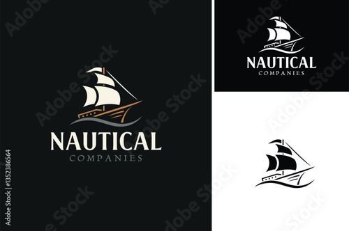 Simple Silhouette of Vintage Sail Boat Pirate or Merchant Ship with Sea Ocean Wave for Travel Transport Vessel Transportation Nautical logo design