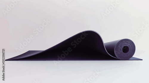A studio shot of a dark purple yoga mat partially rolled on a white background. The mat is smooth with a subtle curve.  The lighting is even and bright, minimizing shadows. The focus is sharp