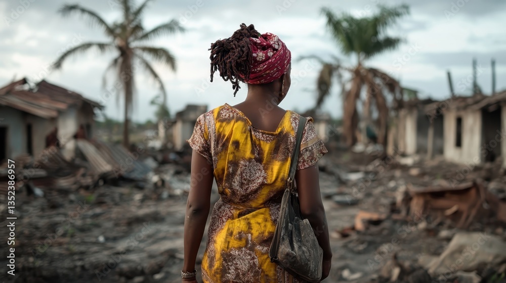 A woman stands in the foreground of a desolate landscape, contemplating the destruction of her community, emphasizing resilience in the face of adversity and loss. A woman stands in the foreground of a desolate landscape, contemplating the destruction of her community, emphasizing resilience in the face of adversity and loss.