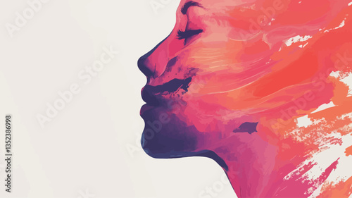 The image is a stylized abstract portrait of a woman's face in profile view. The woman's features are partially obscured by a wash of vibrant, warm-toned colors (primarily oranges, pinks, and