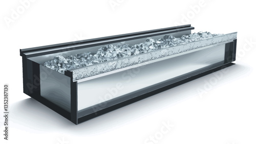 A studio shot of a long, rectangular glass display case rendered in 3D. The case has a dark gray or black frame and is filled with a substance resembling ice or crystal fragments. The background is
