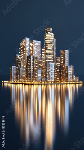 Illuminated cityscape reflecting in tranquil water under the night sky