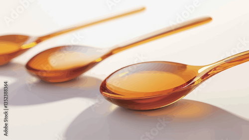 Close-up shot of three amber-colored spoons filled with a viscous, golden liquid. The spoons are arranged in a row, slightly overlapping, on a bright white background.  The liquid appears
