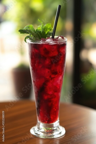 Wallpaper Mural Refreshing berry drink with mint on table at a cafe, blurred green garden background Torontodigital.ca