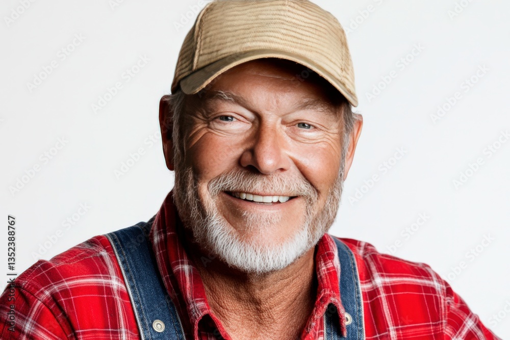 Smiling Elderly Man in Casual Attire with Cap and Flannel Shirt Showcasing a Warm Personality Against a Plain Background Smiling Elderly Man in Casual Attire with Cap and Flannel Shirt Showcasing a Warm Personality Against a Plain Background
