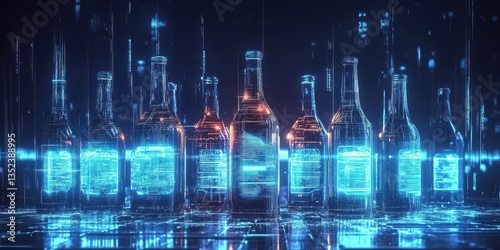 Digital representations of multiple bottles appear with technological components