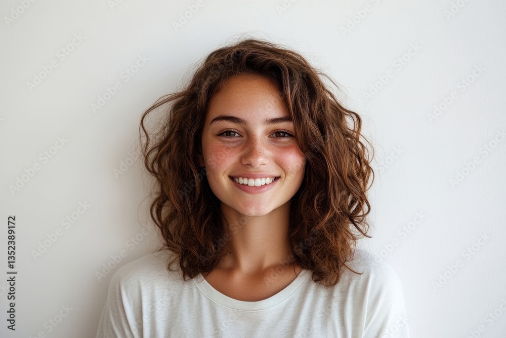 Portrait of beautiful natural girl without makeup, smiling happy at camera, standing in t-shirt against white background Portrait of beautiful natural girl without makeup, smiling happy at camera, standing in t-shirt against white background