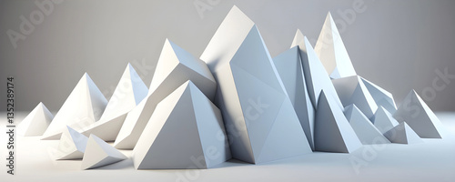 Low-Poly Abstract, Minimalist, Surreal 3D Rendered White Rock or Snow Like Mountains for Backgrounds, Designs, Backdrops