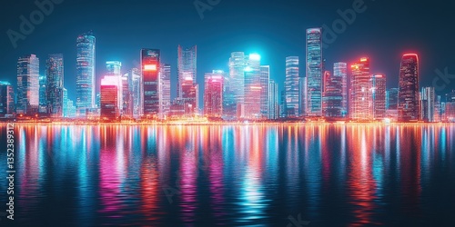 Illuminated futuristic city skyline reflected upon a calm body of water