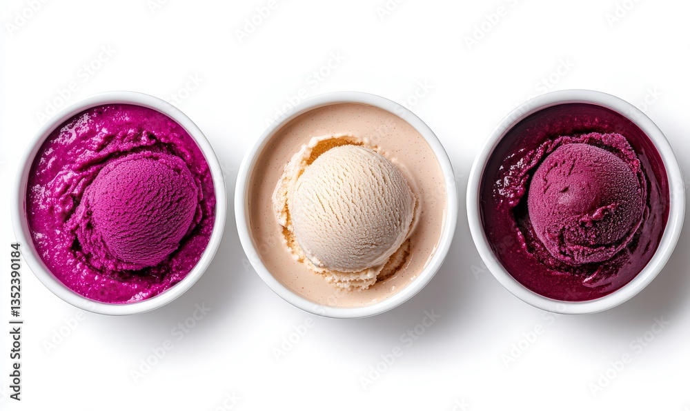 Obraz premium Colorful ice cream scoops in white bowls showcasing vibrant purple and creamy beige flavors against a clean white background for tasty dessert photography