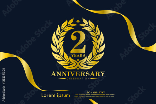 2nd years anniversary celebration emblem. elegant golden anniversary logo isolated with laurel wreath and ribbon on black background. vector illustration template design