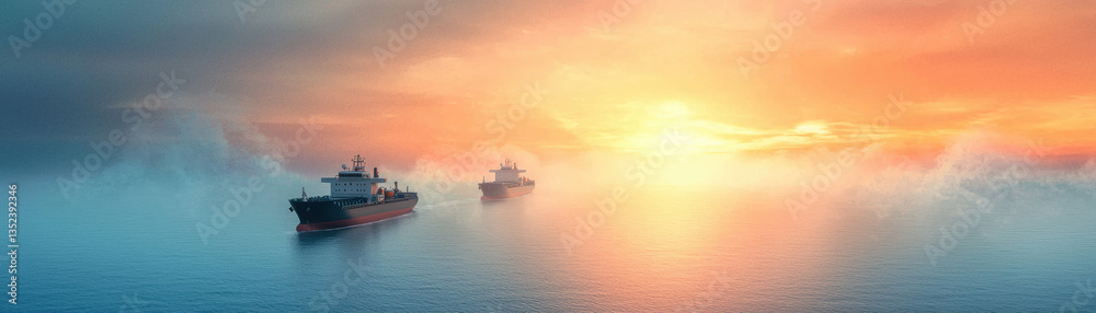 Ships sailing on calm waters during vibrant sunset, creating serene maritime scene Ships sailing on calm waters during vibrant sunset, creating serene maritime scene