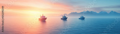 serene maritime scene with three cargo ships on calm waters during vibrant sunrise, with mountains in background