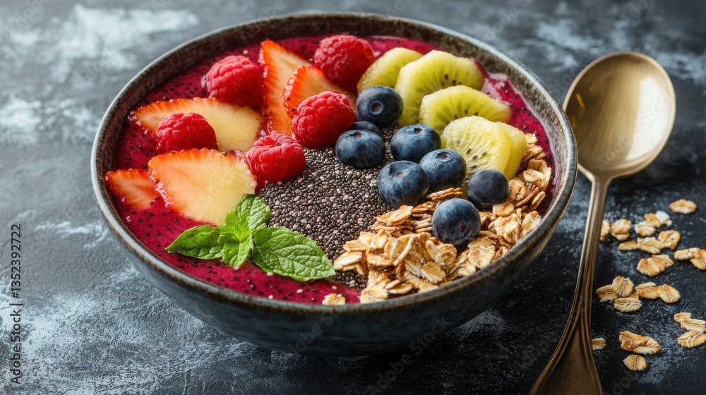 Healthy Fruit Smoothie Bowl with Berries and Granola Toppings Healthy Fruit Smoothie Bowl with Berries and Granola Toppings