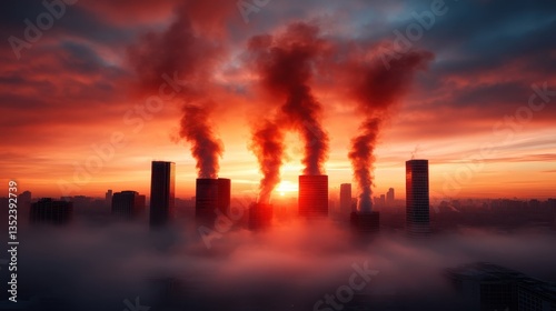 A stunning cityscape silhouetted by smoke stacks against a vibrant sunset backdrop, representing urban life and environmental impacts in a visually striking manner.