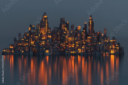 A futuristic cityscape shimmering with bright lights reflecting on water