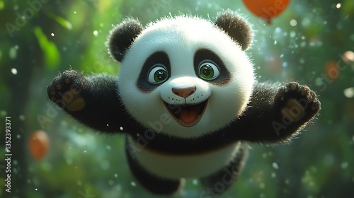 Joyful floating panda spreading happiness high resolution photo