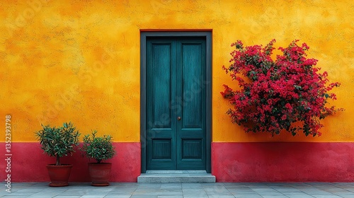Fototapeta Naklejka Na Ścianę i Meble -  Colorful building exterior, teal door, vibrant bougainvillea, potted plants, Mediterranean style, home decor