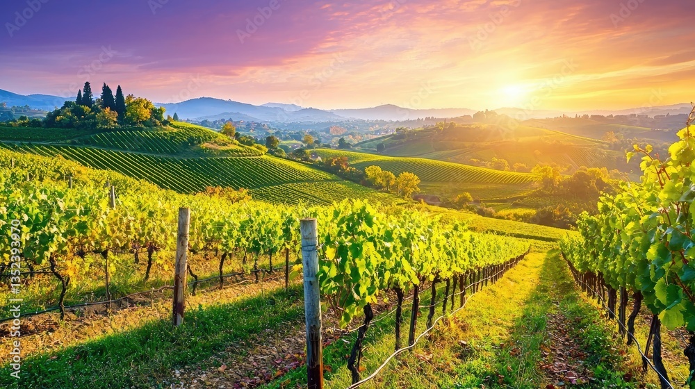 Naklejka premium Sunrise over rolling hills of vineyards, showcasing rows of grapevines and a picturesque landscape.