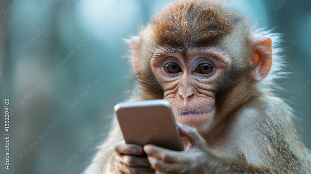 Fototapeta premium A cute monkey is captivatingly focused on a smartphone, showcasing the blend of nature and technology, emphasizing the impact of digital devices in wildlife encounters.