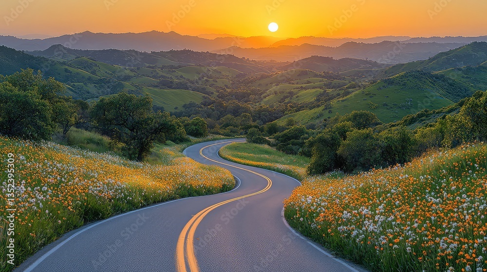 Fototapeta premium Winding road through wildflowers at sunset, mountain backdrop; idyllic travel scene