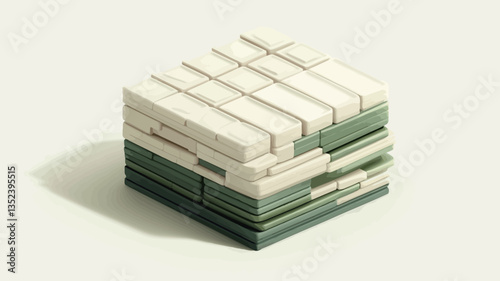 The image depicts a digital rendering of a cubic structure composed of numerous rectangular blocks stacked in layers. The blocks are primarily off-white and varying shades of green. The blocks are
