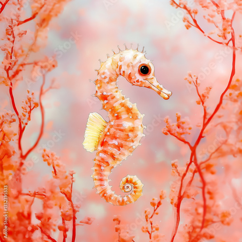 Colorful seahorse swimming among vibrant marine coral in a serene underwater world