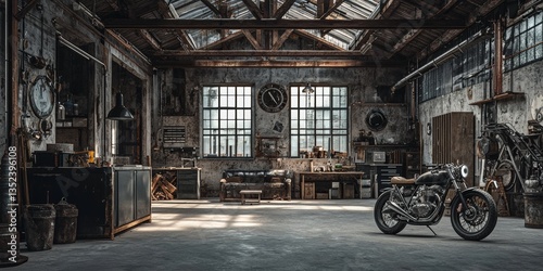 a vintage workshop with a motorcycle 