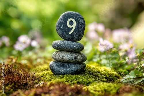 Stack of rocks with number 9 on top in serene beach setting, symbolizing balance and order among natural beauty.