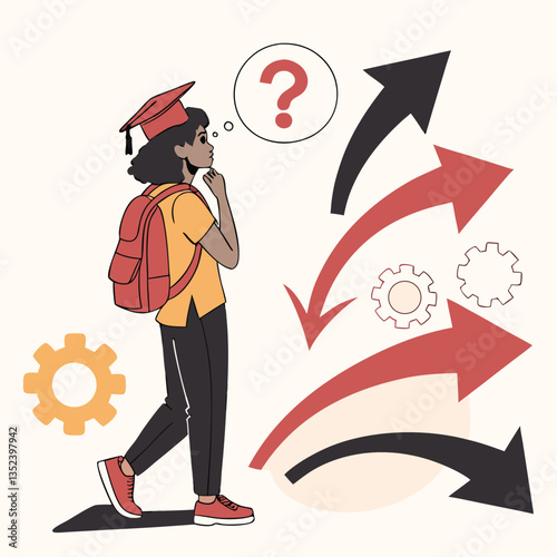 Confused Man in Business Attire Surrounded by Arrows and Question Marks Representing Uncertainty and Decision Making

