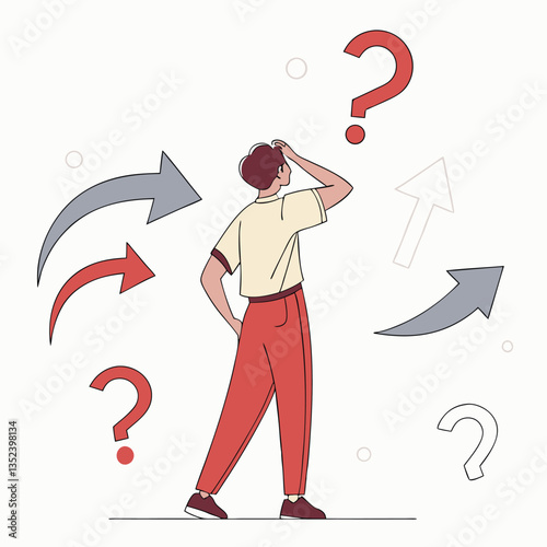 Confused Man in Business Attire Surrounded by Arrows and Question Marks Representing Uncertainty and Decision Making
