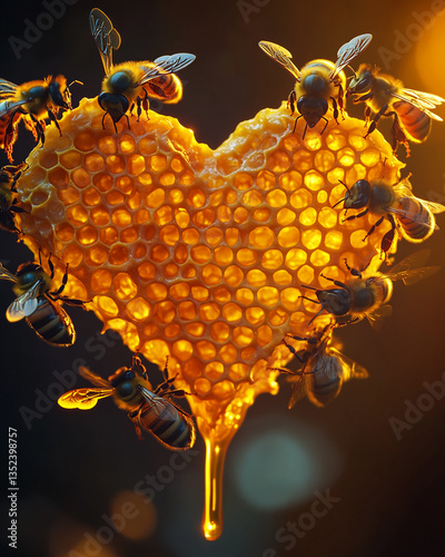 A heart-shaped honeycomb glows with golden warmth as bees busily gather nectar.