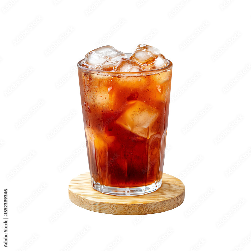 A refreshing glass of iced beverage filled with ice cubes and served on a wooden coaster. A refreshing glass of iced beverage filled with ice cubes and served on a wooden coaster.