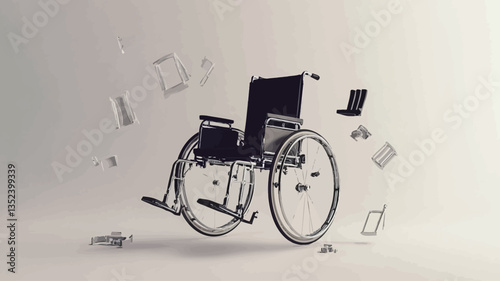 The image shows a dark grey wheelchair seemingly levitating against a light grey background. Several small, white rectangular shapes, suggesting papers or documents, are floating around the