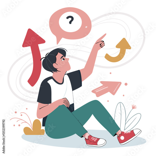 Confused Man in Business Attire Surrounded by Arrows and Question Marks Representing Uncertainty and Decision Making
