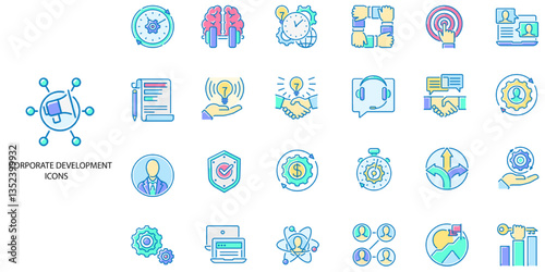 Corporate Development simple concept 24 color icons set. Contains such corporate, business, training, speech, workshop, presentation .Vector illustration.