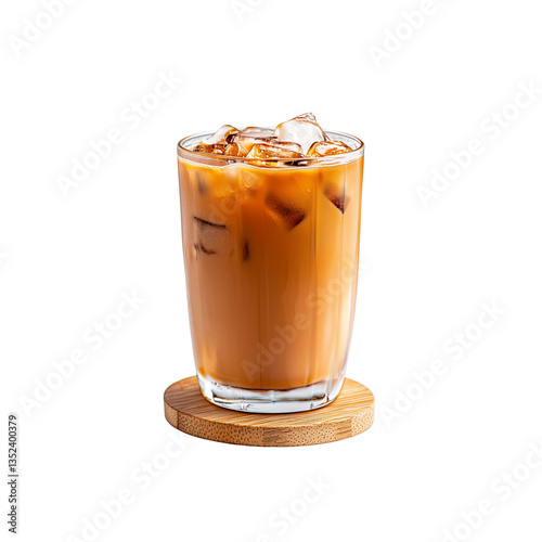 Wallpaper Mural A glass of iced coffee filled with ice cubes, served on a wooden coaster, isolated on white or transparent png Torontodigital.ca
