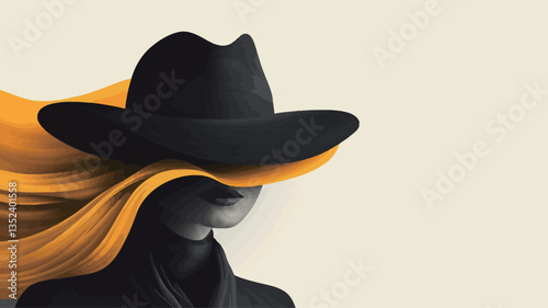 A stylized digital illustration depicting a figure wearing a large black cowboy hat that obscures most of their face.  The figure has long, flowing yellow hair that appears to be moving in the