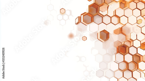 The image showcases an abstract composition featuring a multitude of hexagons arranged in a honeycomb pattern. The hexagons vary in opacity, with some appearing more translucent than others,