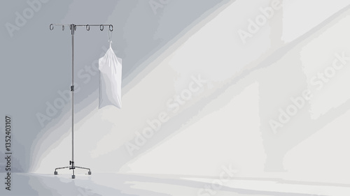 The image shows a minimalist white room interior. A freestanding metal garment rack with a white garment bag hanging from it is positioned slightly off-center.  The room is brightly lit, with