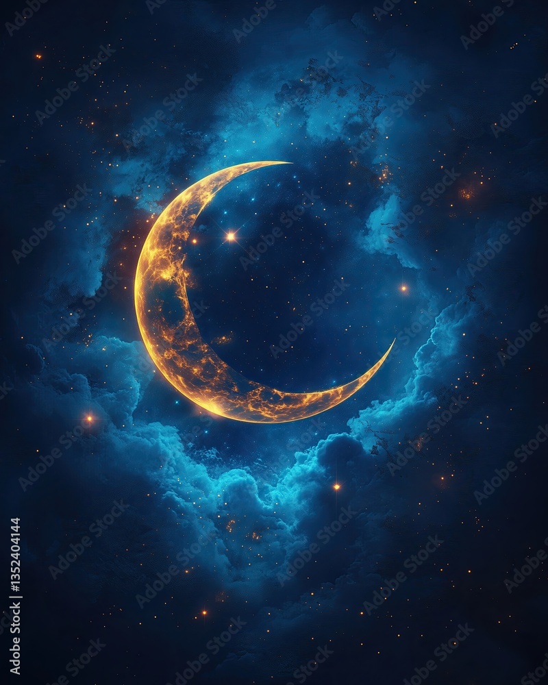 Fototapeta premium Glowing crescent moon design with blue hues
